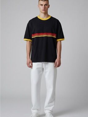 Men's Black Short-Sleeve Tee with Yellow Collar & Red Stripe Accent